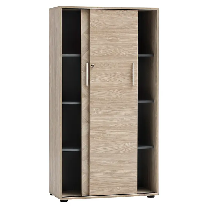 Schildmeyer Arezzo Schiebetür Schrank - L x B x H: 38,2 x 80,1 x 150 cm, Eiche/Fischgräte - Heller Holzschrank mit Schiebetür, silbernen Griffen und Schloss, mit schwarzen Innenfächern.