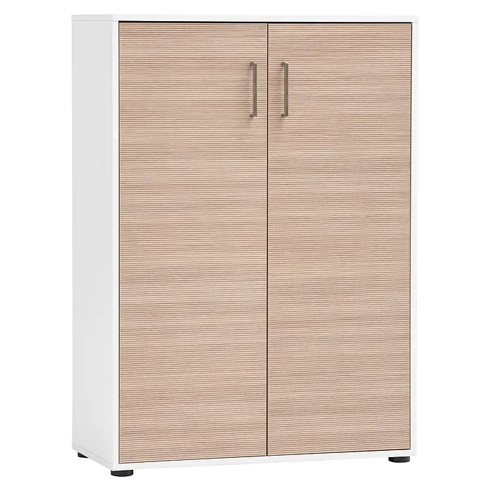 Schildmeyer Metz Aktenschrank - L x B x H: 38,2 x 80,1 x 113,4 cm, Weiß/Canello - Heller zweitüriger Schrank in Holzoptik mit weißem Korpus, silbernen Griffen und dunklen Füßen.