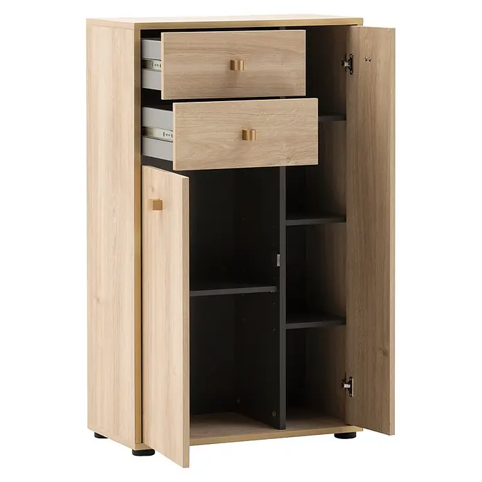 Schildmeyer Highboard - L x B x H: 33 x 60,2 x 104,4 cm, Weißeiche - Heller Holzschrank mit zwei offenen Schubladen, goldenen Griffen, dunklen Einlegeböden und geöffneter Tür.