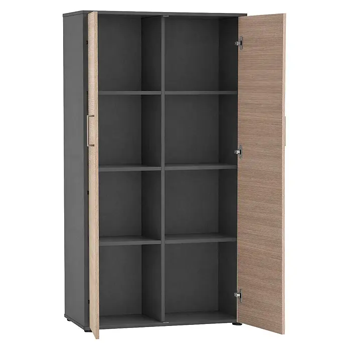 Schildmeyer Metz Aktenschrank - L x B x H: 38,2 x 80,1 x 150 cm, Anthrazit/Canello - Dunkelgrauer Schrank mit zwei geöffneten hellen Türen in Holzoptik, die mehrere Regalböden zeigen.