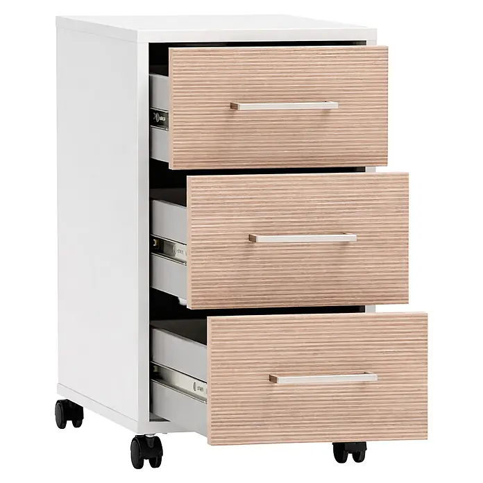 Schildmeyer Metz Rollcontainer - L x B x H: 39,1 x 32,6 x 59,7 cm, Weiß/Canello, Anzahl Schubladen: 3 Stk. - Mobiler weißer Rollcontainer mit drei hellen Holzschubladen, silbernen Griffen und schwarzen Rollen.