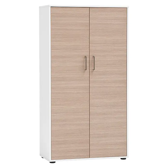 Schildmeyer Metz Aktenschrank - L x B x H: 38,2 x 80,1 x 150 cm, Weiß/Canello - Zweitüriger Kleiderschrank mit hellen Holzeffekt-Türen, horizontaler Maserung, weißem Rahmen und Metallgriffen.