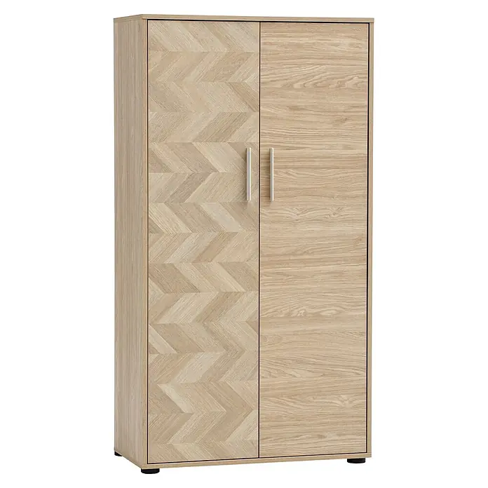 Schildmeyer Arezzo Aktenschrank - L x B x H: 38,2 x 80,1 x 150 cm, Eiche/Fischgräte - Heller Holz-Zweitürenschrank mit Fischgrätmuster links, gerader Maserung rechts und silbernen Griffen.