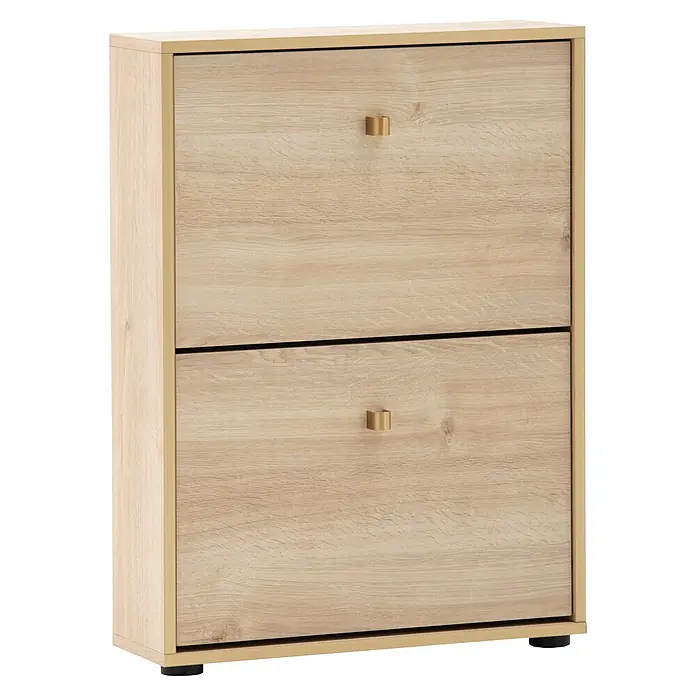 Schildmeyer Schuhschrank - L x B x H: 19,5 x 58,9 x 83,2 cm, Weißeiche, Anzahl Fächer: 2 Stk. - Heller Holzschuhschrank mit zwei Kippfächern, goldenen Griffen und Goldrahmen.