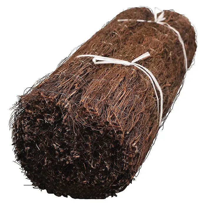 Balkonsichtschutz Heidekrautmatte - 300 x 200 cm, Braun - Gerollte braune Kokosfasermatte zur Erosionskontrolle, aus Naturfasern und mit weißer Schnur gebunden.