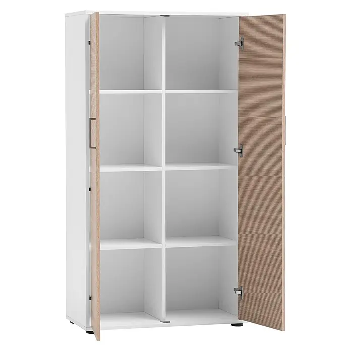 Schildmeyer Metz Aktenschrank - L x B x H: 38,2 x 80,1 x 150 cm, Weiß/Canello - Weißer Aufbewahrungsschrank mit zwei geöffneten Türen in heller Holzoptik und mehreren Innenregalen.