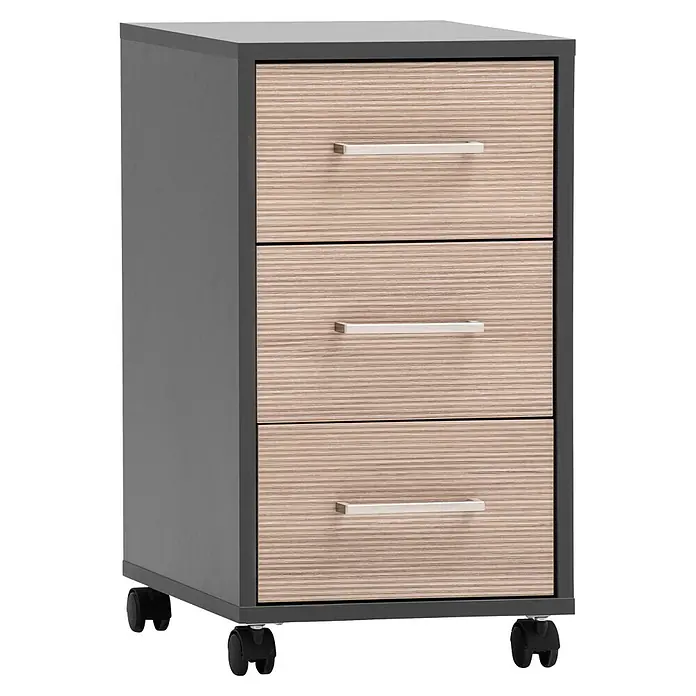 Schildmeyer Metz Rollcontainer - L x B x H: 39,1 x 32,6 x 59,7 cm, Anthrazit/Canello, Anzahl Schubladen: 3 Stk. - Rollbarer Aktenschrank mit drei holzgemaserten Schubladen und silbernen Griffen auf grauem Gestell mit Rollen.