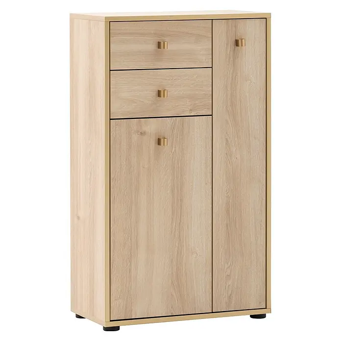 Schildmeyer Highboard - L x B x H: 33 x 60,2 x 104,4 cm, Weißeiche - Helles Holzschrank mit goldenen Griffen und Rahmen, zwei Schubladen und zwei Türen.