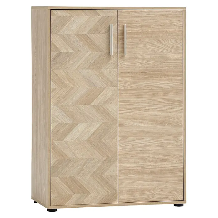 Schildmeyer Arezzo Aktenschrank - L x B x H: 38,2 x 80,1 x 113,4 cm, Eiche/Fischgräte - Helles Holzschrank mit zwei Türen; linke Tür mit Fischgrätmuster, rechte Tür glatt, beide mit silbernen Griffen.