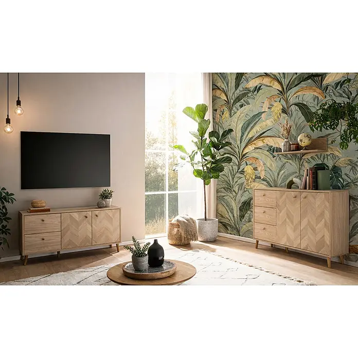 Schildmeyer Visby Wandregal-Set - 2 Stk., Eiche - Helles Holz TV-Möbel und Sideboard mit Fischgrätmuster, Stauraum bietend.