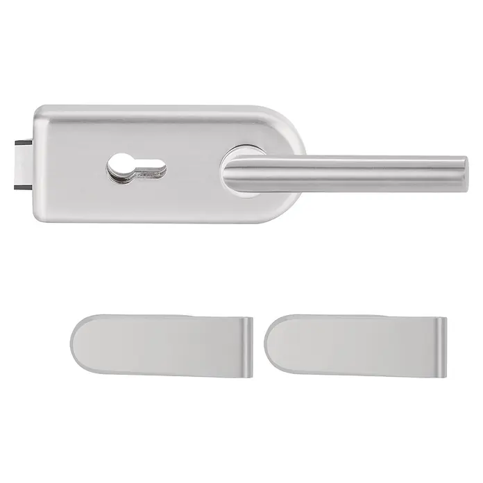 Diamond Doors Glastürbeschlag Sky PZ - Aluminium EV1, Bandbohrung/Bänder: Studio 2-teilig, Verschließbar - Gebürstetes Metall-Türdrückergarnitur mit Schlüsselloch und zwei passenden Abdeckplatten.