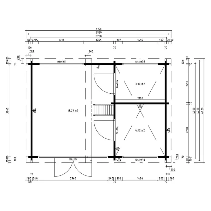 Fjordholz Gartenhaus Olymp 70 - Außenmaß inkl. Dachüberstand (B x T): 595 x 420 cm, Holz, Naturbelassen - Detaillierter Grundriss mit Raumaufteilung, Abmessungen und Flächenangaben eines Gebäudes.