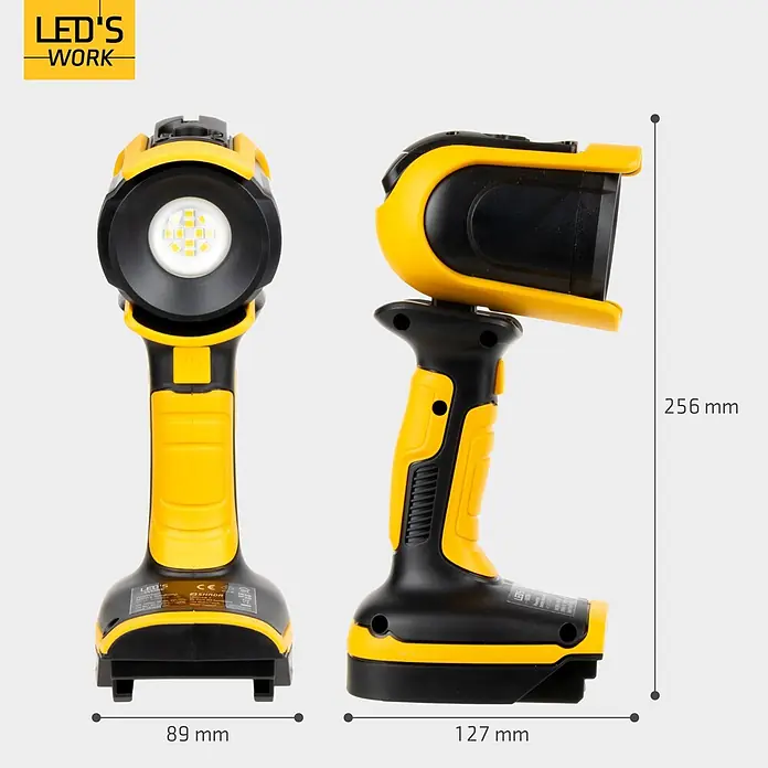 LED's work LED-Strahler für 18 V Akkus - 5 W, 500 lm, 5.000 K, L x B x H: 8,9 x 12,7 x 25,6 cm, IP20 - Gelbe und schwarze LED-Arbeitsleuchte von vorne und Seite mit Maßen.
