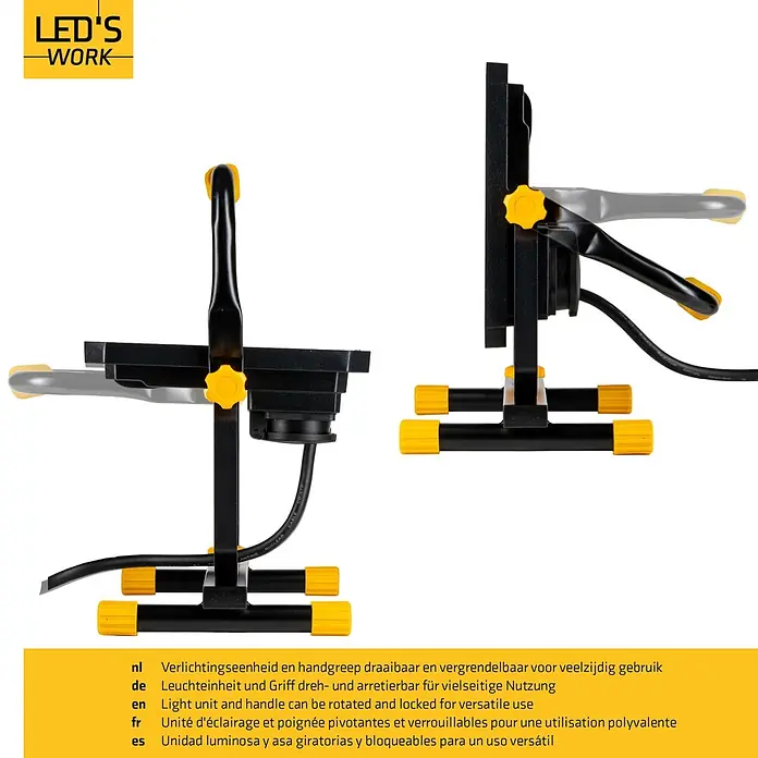 LED's work LED-Strahler mit Steckdose - 50 W, 5.500 lm, 4.000 K, L x B x H: 16,9 x 24,3 x 32,1 cm, IP54 - Schwarze Arbeitsleuchte mit gelben Akzenten, drehbarer und feststellbarer Griff für vielseitigen Einsatz.