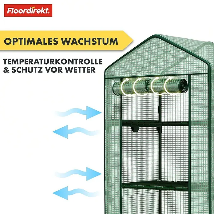 Floordirekt Folien-Gewächshaus Bloom - 49 x 69 x 127 cm, 3 Etagen, aufrollbare Tür mit Reißverschluss - Grünes Maschengewächshaus mit Belüftung für optimales Pflanzenwachstum und Wetterschutz.
