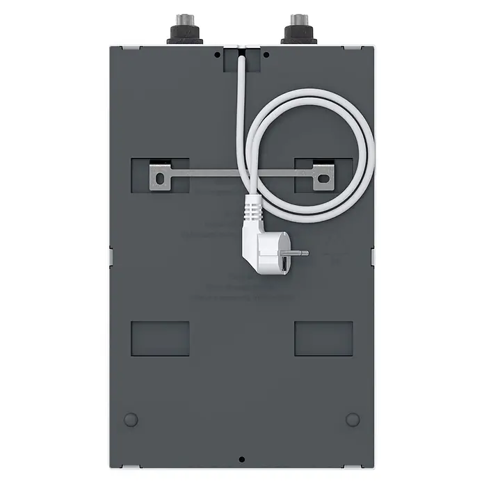 AEG Termo eléctrico U5 - 5 l, 2.000 W, Rango de temperaturas: 30 °C - 85 °C, Montaje bajo mesa - Parte trasera de dispositivo gris oscuro con cable de alimentación blanco enrollado, enchufe europeo y soportes.