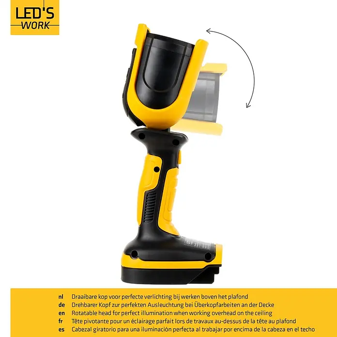 LED's work LED-Strahler für 18 V Akkus - 5 W, 500 lm, 5.000 K, L x B x H: 8,9 x 12,7 x 25,6 cm, IP20 - Gelbe und schwarze LED-Arbeitsleuchte mit drehbarem Kopf für Deckenbeleuchtung.