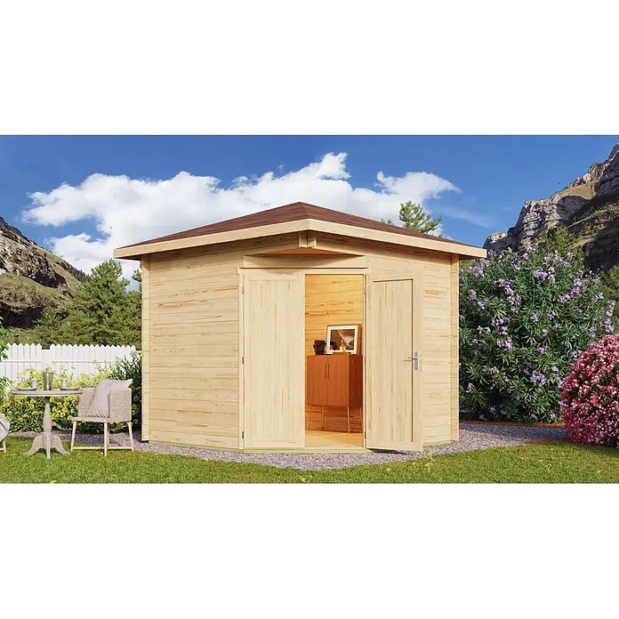 Fjordholz Gartenhaus Nelly 28 A Farbbehandlung Carbongrau - Außenmaß inkl. Dachüberstand (B x T): 298 x 298 cm, Holz, Naturbelassen - Heller Holzgartenpavillon mit geöffneten Doppeltüren in Gartenumgebung, Gartenmöbel daneben.