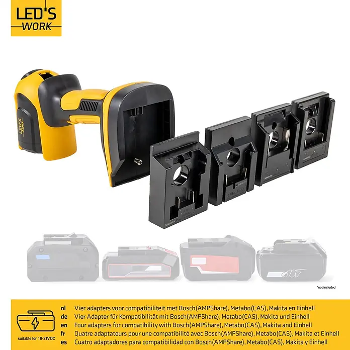 LED's work LED-Strahler für 18 V Akkus - 5 W, 500 lm, 5.000 K, L x B x H: 8,9 x 12,7 x 25,6 cm, IP20 - Gelb-schwarze Arbeitsleuchte mit vier Batterieadaptern für Bosch, Metabo, Makita und Einhell 18-21VDC Akkus.