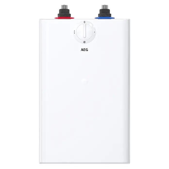AEG Termo eléctrico U5 - 5 l, 2.000 W, Rango de temperaturas: 30 °C - 85 °C, Montaje bajo mesa - Calentador de agua instantáneo AEG blanco rectangular con conexiones superior roja y azul y un dial de control central.