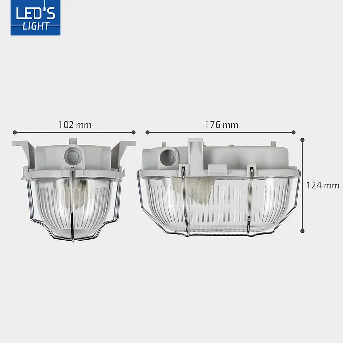 LED's work Außenwandleuchte - 60 W, 10,2 x 12,4 x 17,6 cm, IP44 - Zwei graue LED-Schottlampen mit klarem Riffelglas und Metallgittern, in Größen 102x124mm und 176x124mm gezeigt.