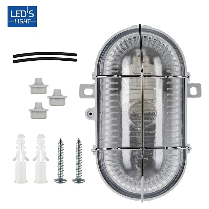 LED's work Außenwandleuchte - 60 W, 10,2 x 12,4 x 17,6 cm, IP44 - Ovale Außenwandleuchte mit klarer, gerippter Abdeckung, Metallschutzbügeln und Montagematerial.