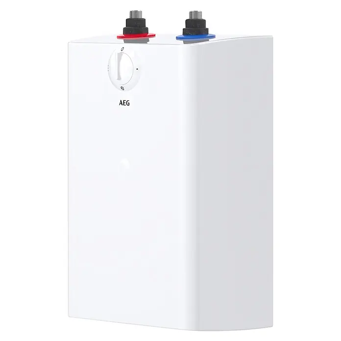 AEG Termo eléctrico U5 - 5 l, 2.000 W, Rango de temperaturas: 30 °C - 85 °C, Montaje bajo mesa - Calentador de agua eléctrico compacto blanco con conectores rojos y azules superiores y botón de control frontal, marca AEG.
