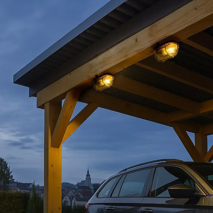 LED's work Außenwandleuchte - 60 W, 10,2 x 12,4 x 17,6 cm, IP44 - Zwei bernsteinfarbene Leuchten erhellen einen Holzcarport mit einem geparkten Auto in der Dämmerung.