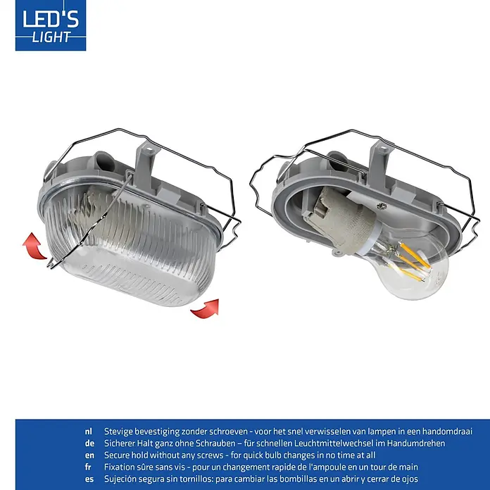 LED's work Außenwandleuchte - 60 W, 10,2 x 12,4 x 17,6 cm, IP44 - Graue Außenleuchte mit klarer Abdeckung und Metallbügel, geöffnet mit LED-Lampe für schraubenlosen, schnellen Wechsel.