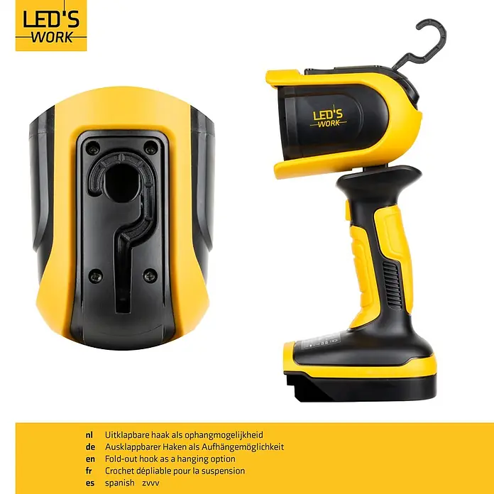 LED's work LED-Strahler für 18 V Akkus - 5 W, 500 lm, 5.000 K, L x B x H: 8,9 x 12,7 x 25,6 cm, IP20 - Gelb-schwarze LED-Arbeitsleuchte mit ausklappbarem Haken zum Aufhängen.
