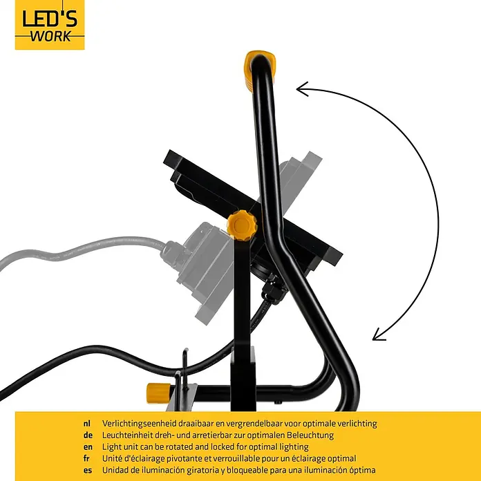 LED's work LED-Strahler mit Steckdose - 50 W, 7.000 lm, 4.000 K, L x B x H: 21,4 x 29,2 x 40,66 cm, IP54 - Schwarzer LED-Arbeitsscheinwerfer mit gelbem Einstellknopf, drehbar und arretierbar für optimale Beleuchtung.