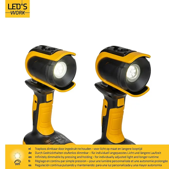 LED's work LED-Strahler für 18 V Akkus - 5 W, 500 lm, 5.000 K, L x B x H: 8,9 x 12,7 x 25,6 cm, IP20 - Gelbe und schwarze LED-Arbeitsleuchte, stufenlos dimmbar für individuelles Licht und längere Laufzeit.