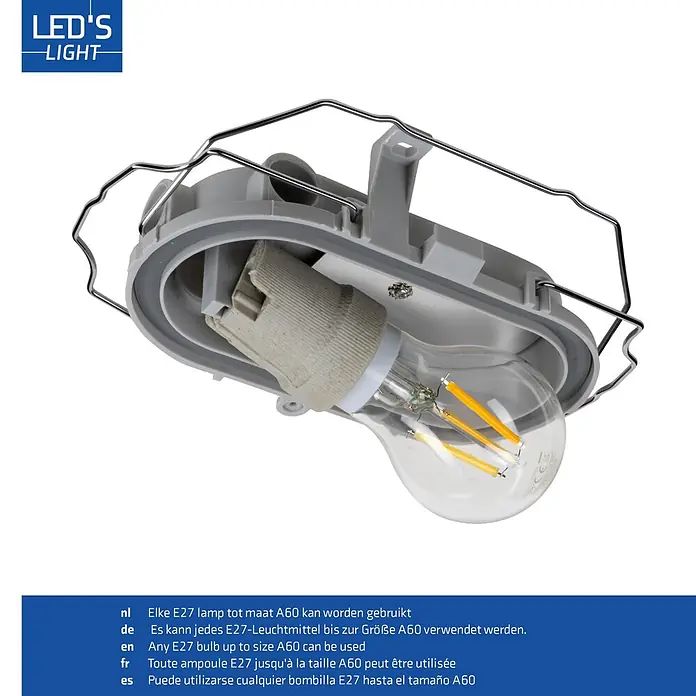 LED's work Außenwandleuchte - 60 W, 10,2 x 12,4 x 17,6 cm, IP44 - Graue ovale E27 Leuchte mit Schutzgitter aus Metall und eingesetzter A60 LED-Birne.