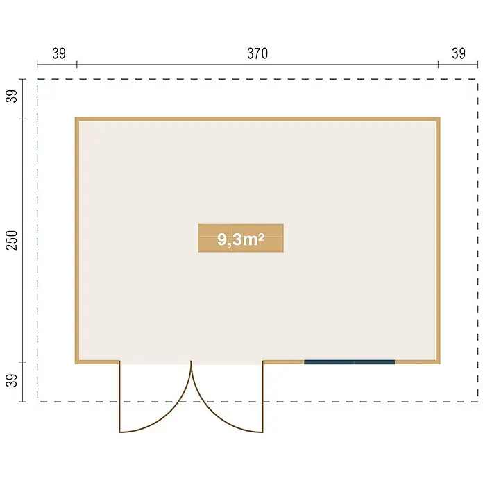 Fjordholz Gartenhaus Christina 28 - Außenmaß inkl. Dachüberstand (B x T): 390 x 270 cm, Holz, Naturbelassen - Grundriss eines rechteckigen Schuppens: Innenfläche 9,3m², Innenmaße 370x250cm, Gesamtaußenmaße mit 39cm Überständen.