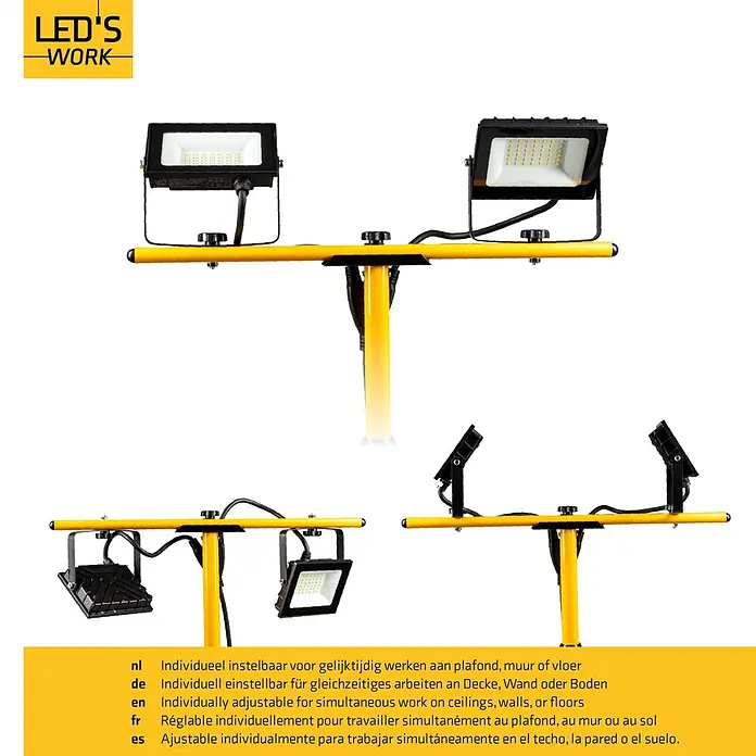 LED's work LED-Baustrahler Stativ - 40 W, 4.800 lm, 4.000 K, 85 x 85 x 186,6 cm, IP65 - Gelber Rahmen mit zwei LED-Arbeitsscheinwerfern, individuell verstellbar für gleichzeitiges Arbeiten an Decken, Wänden oder Böden.