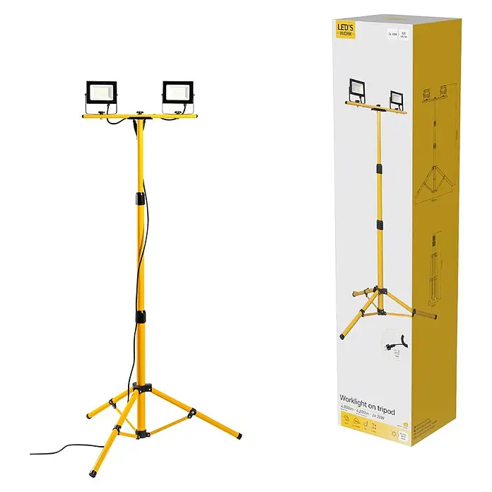 LED's work LED-Baustrahler Stativ - 40 W, 4.800 lm, 4.000 K, 85 x 85 x 186,6 cm, IP65 - Gelbe LED-Arbeitsleuchte mit zwei schwarzen verstellbaren Strahlern auf einem gelben Stativ.