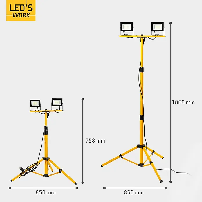 LED's work LED-Baustrahler Stativ - 40 W, 4.800 lm, 4.000 K, 85 x 85 x 186,6 cm, IP65 - Zwei gelbe LED-Arbeitsscheinwerfer auf Stativen, gezeigt in 758 mm und 1868 mm Höhe, mit 850 mm Basisbreite.