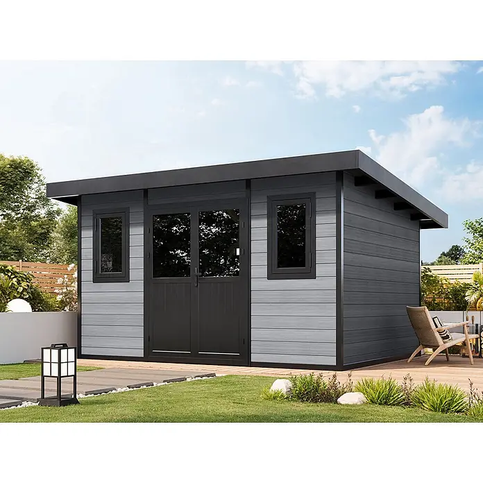 Fjordholz Gartenhaus Duo Color 12 m² - Außenmaß inkl. Dachüberstand (B x T): 386,1 x 292,1 cm, Aluminium, Schwarz / Grau - Moderner grauer Komposit-Gartenschuppen mit dunkelgrauen Türen und Fenstern im Außenbereich.