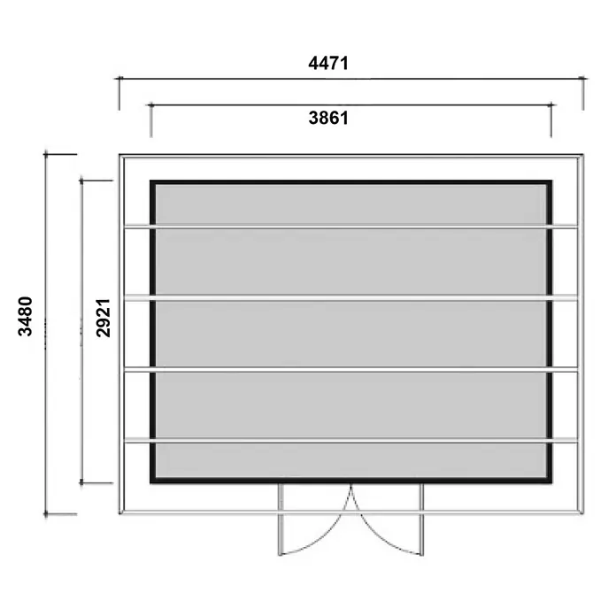 Fjordholz Gartenhaus Duo Color 12 m² - Außenmaß inkl. Dachüberstand (B x T): 386,1 x 292,1 cm, Aluminium, Schwarz / Grau - Draufsicht eines Gebäude-Grundrisses mit Außenmaßen 4471x3480 und Innenmaßen 3861x2921, zeigt eine Tür und interne Bereiche.