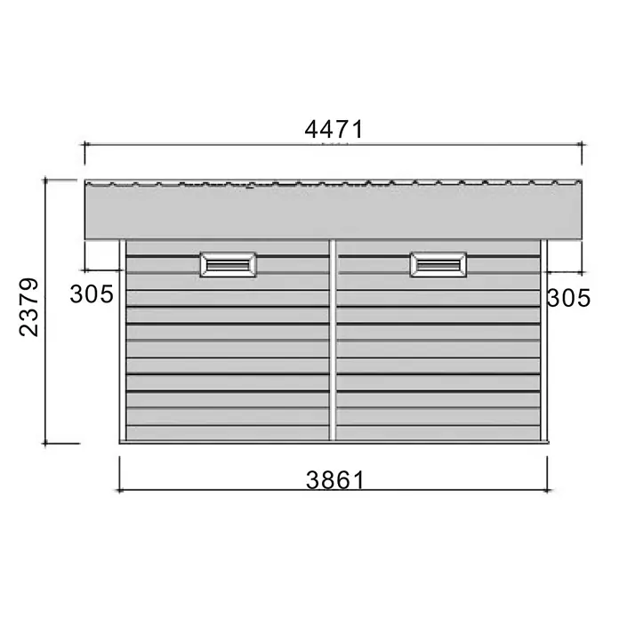 Fjordholz Gartenhaus Duo Color 12 m² - Außenmaß inkl. Dachüberstand (B x T): 386,1 x 292,1 cm, Aluminium, Schwarz / Grau - Heller, grauer Garten- oder Geräteschuppen mit horizontaler Verkleidung und Wellblechdach, inklusive Abmessungen.