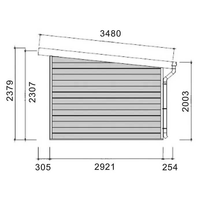 Fjordholz Gartenhaus Duo Color 12 m² - Außenmaß inkl. Dachüberstand (B x T): 386,1 x 292,1 cm, Aluminium, Schwarz / Grau - Technische Zeichnung eines Pultdachs, Seitenansicht mit angegebenen Höhen- und Längenmaßen.