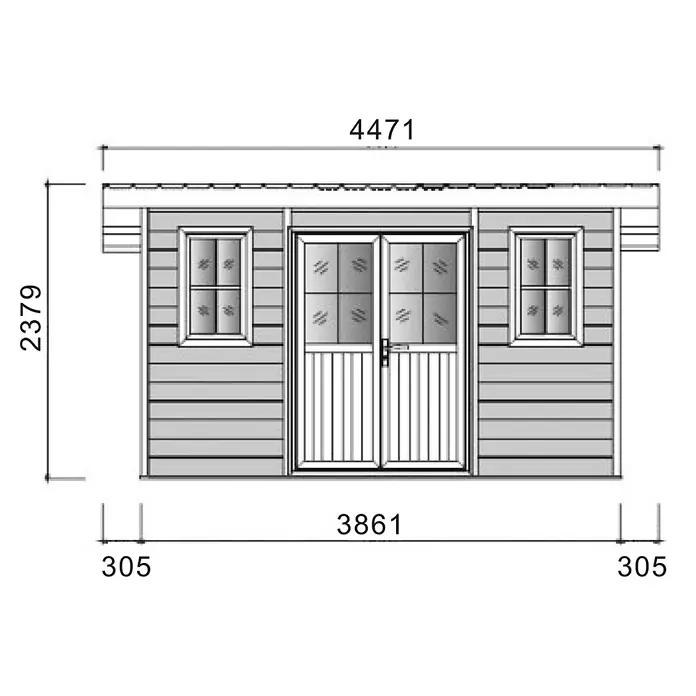 Fjordholz Gartenhaus Duo Color 12 m² - Außenmaß inkl. Dachüberstand (B x T): 386,1 x 292,1 cm, Aluminium, Schwarz / Grau - Architektonische Zeichnung der Vorderansicht eines Schuppens mit Doppeltür, zwei Fenstern, horizontaler Verkleidung und Dachüberstand, Maße angezeigt.