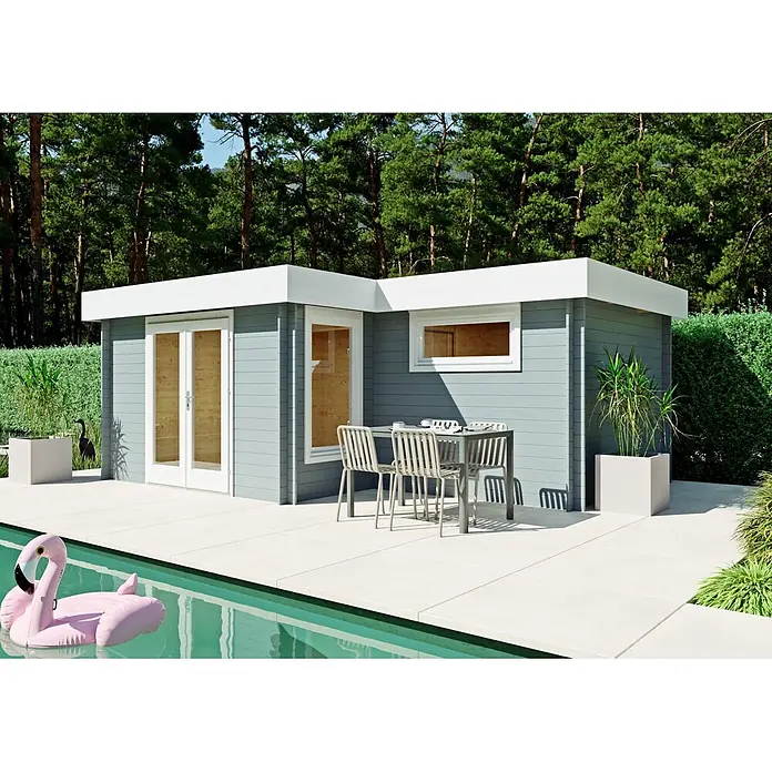 Fjordholz Gartenhaus Tobi 28 A - Außenmaß inkl. Dachüberstand (B x T): 550 x 400 cm, Holz, Naturbelassen - Moderner blau-grauer Gartenhaus mit weißen Akzenten, am Pool und einer Terrasse.