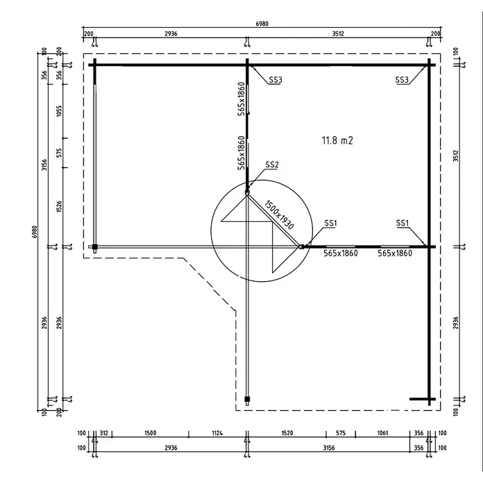 Fjordholz Gartenhaus Gabriel 44 - Außenmaß inkl. Dachüberstand (B x T): 678 x 678 cm, Holz, Naturbelassen - Architektonischer Grundriss eines L-förmigen Gebäudes mit Innenwänden, Türen, Maßen und einem 11,8 m² Raum.