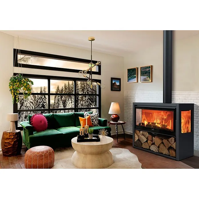 Panadero Kaminofen Allegro 3V Ecodesign - 8,1 kW, Raumheizvermögen: 240 m³, Material Verkleidung: Stahl, Schwarz Metallic - Moderner schwarzer Standkamin mit großer Glastür, Flammen und einem Fach zur Holzaufbewahrung.