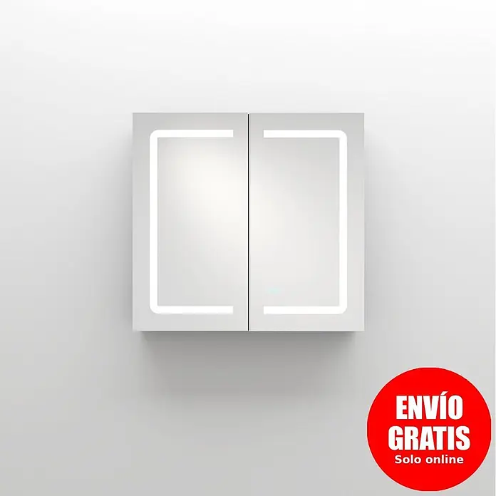 Disbain Armario con espejo LED Kenya - An x Al: 80 x 75 cm, Metal, Vidrio - Mueble de baño con espejo blanco de dos puertas, iluminación LED integrada y pantalla digital.