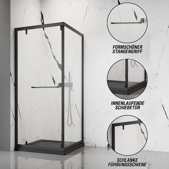 Camargue Eckdusche Verona - L x B x H: 90 x 90 x 195 cm, Schwarz, Glasstärke: 6 mm - Duschkabine mit schwarzem Rahmen, Klarglas, Schiebetür und Stangengriff.