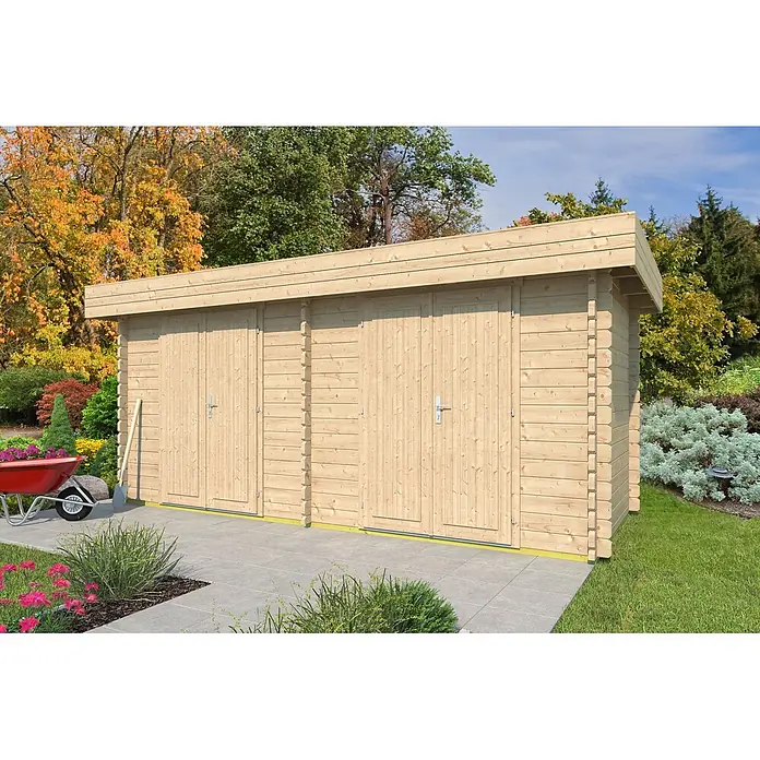 Fjordholz Gartenhaus Rob 28 B Farbbehandlung Carbongrau - Außenmaß inkl. Dachüberstand (B x T): 520 x 220 cm, Holz, Naturbelassen - Gartenhaus aus hellem Naturholz mit Doppeltüren, ideal zur Gartenaufbewahrung.
