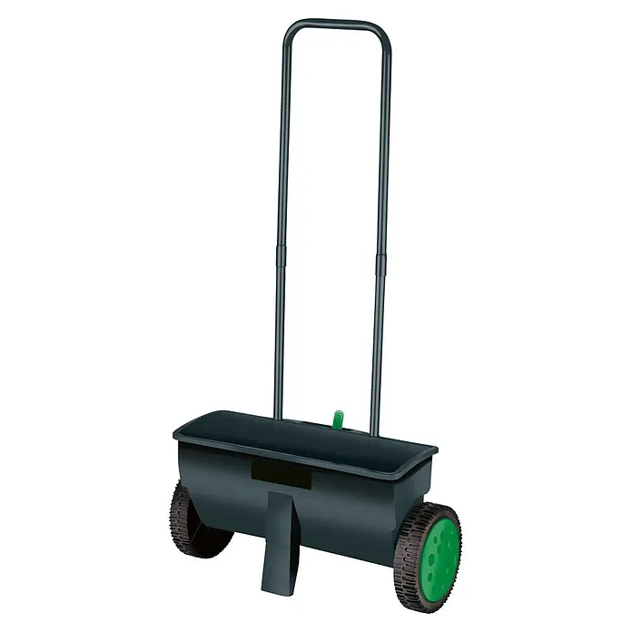 Gardol Streuwagen GST-E 45 - Streubreite: 45 cm, 12 l - Dunkelgrauer handgeführter Streuwagen mit hohem Griff und gemusterten Rädern, eines davon grün, zum Ausbringen von Samen oder Dünger.