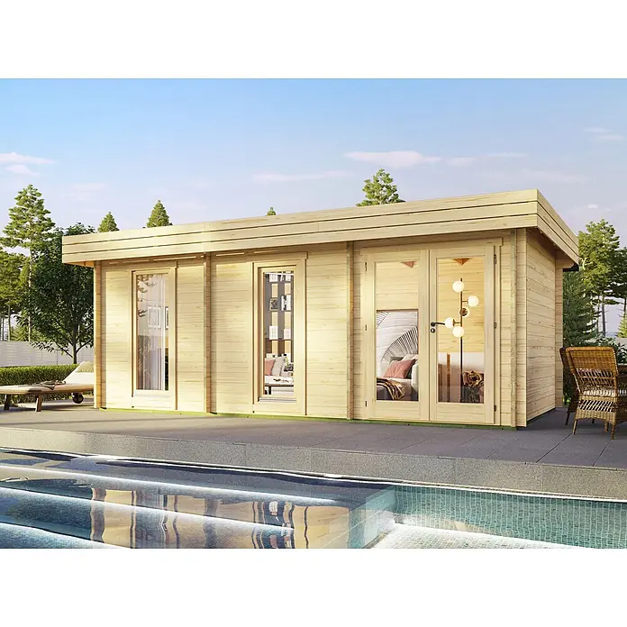 Fjordholz Gartenhaus Miriam 44 C Modern - Außenmaß inkl. Dachüberstand (B x T): 620 x 320 cm, Holz, Naturbelassen - Helles Gartenhaus aus Holz mit Glastüren und Fenstern, neben einem Pool, als moderne Freizeitoase.